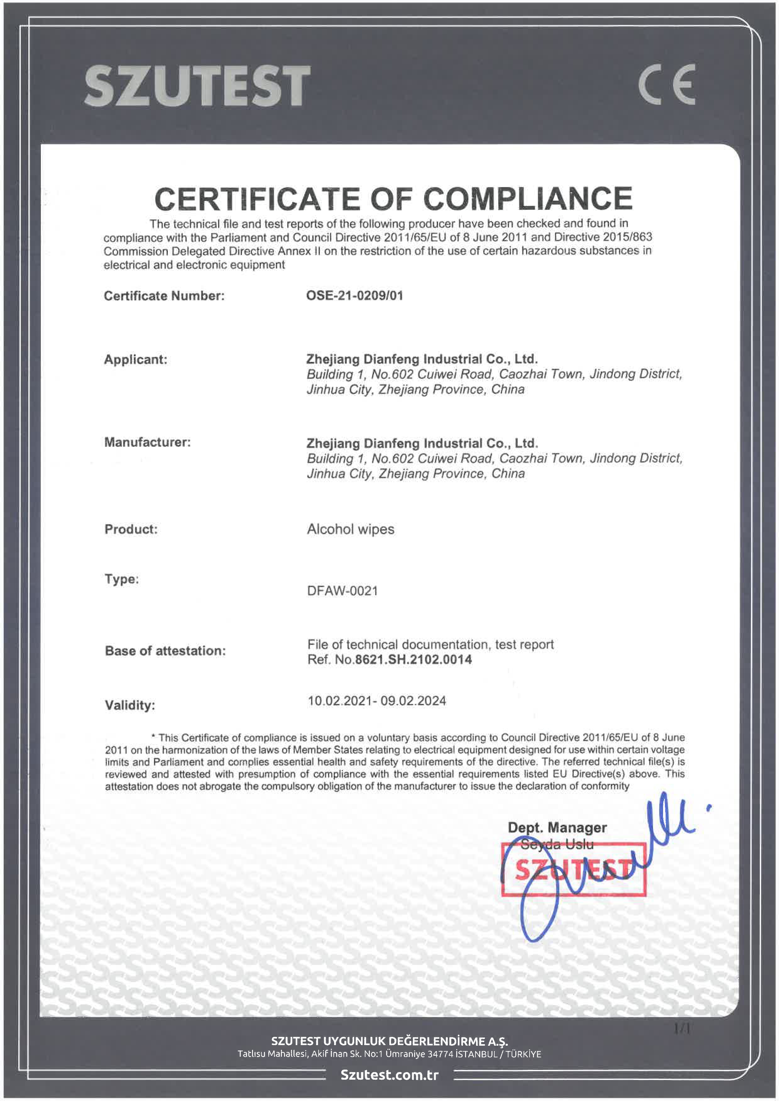 Zhejiang Dianfeng Industrial Co., Ltd.	certification