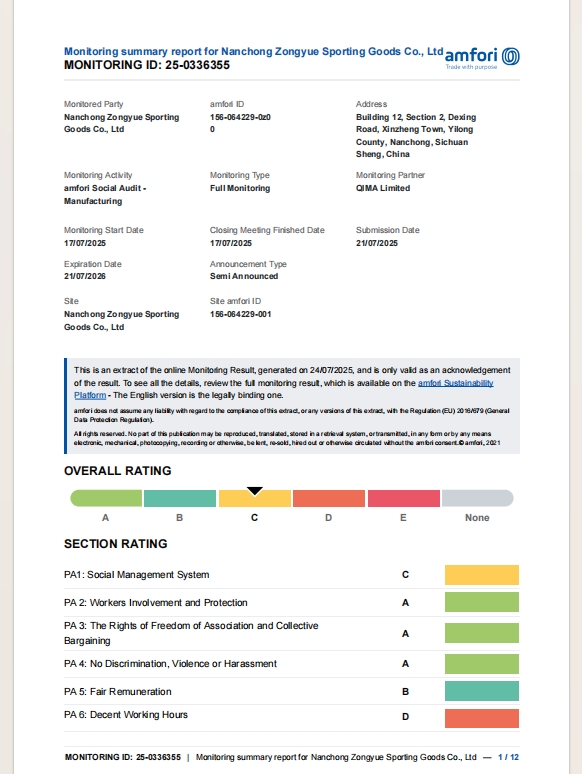 Nanchong Zongyue Sporting Goods Co., Ltd. certification
