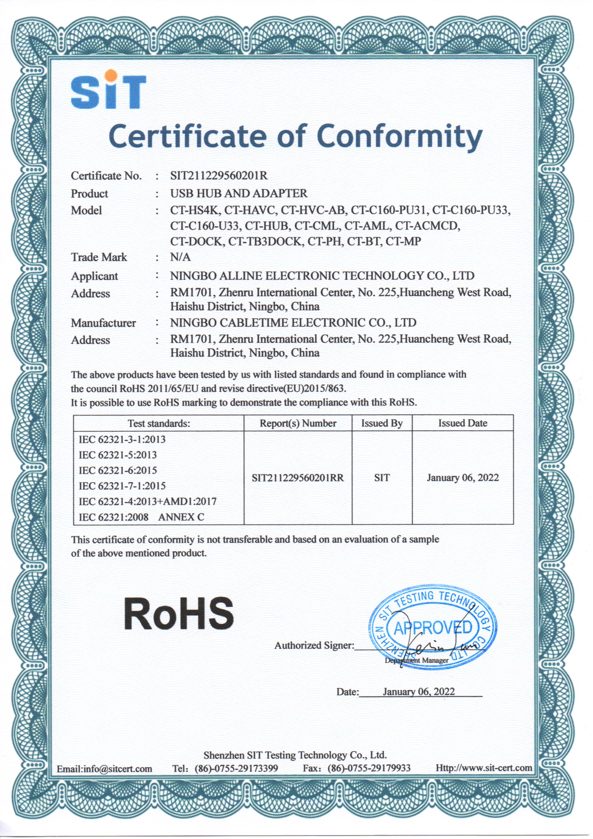 Ningbo Alline Electronics Technology Co., Ltdcertification