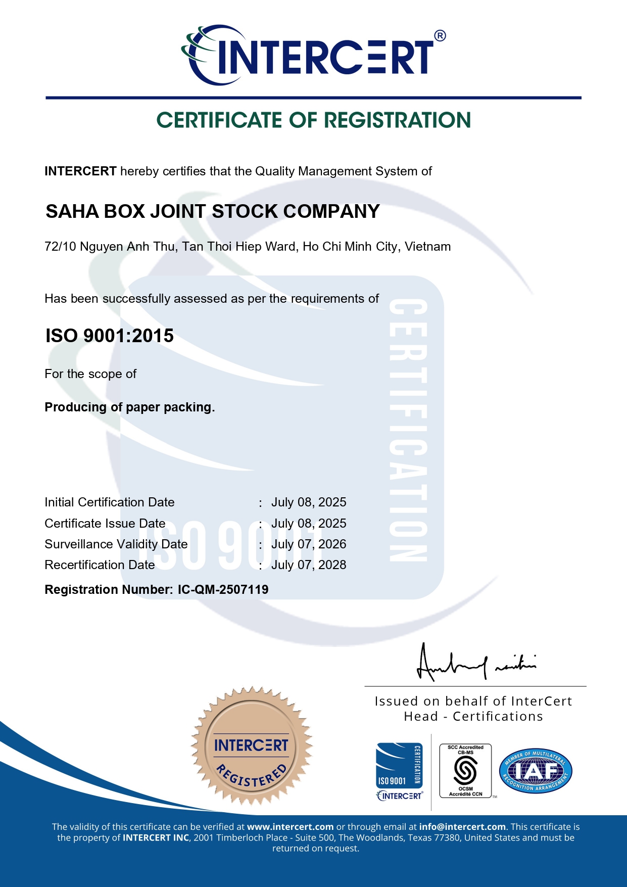 SAHA BOX JOINT STOCK COMPANYcertification