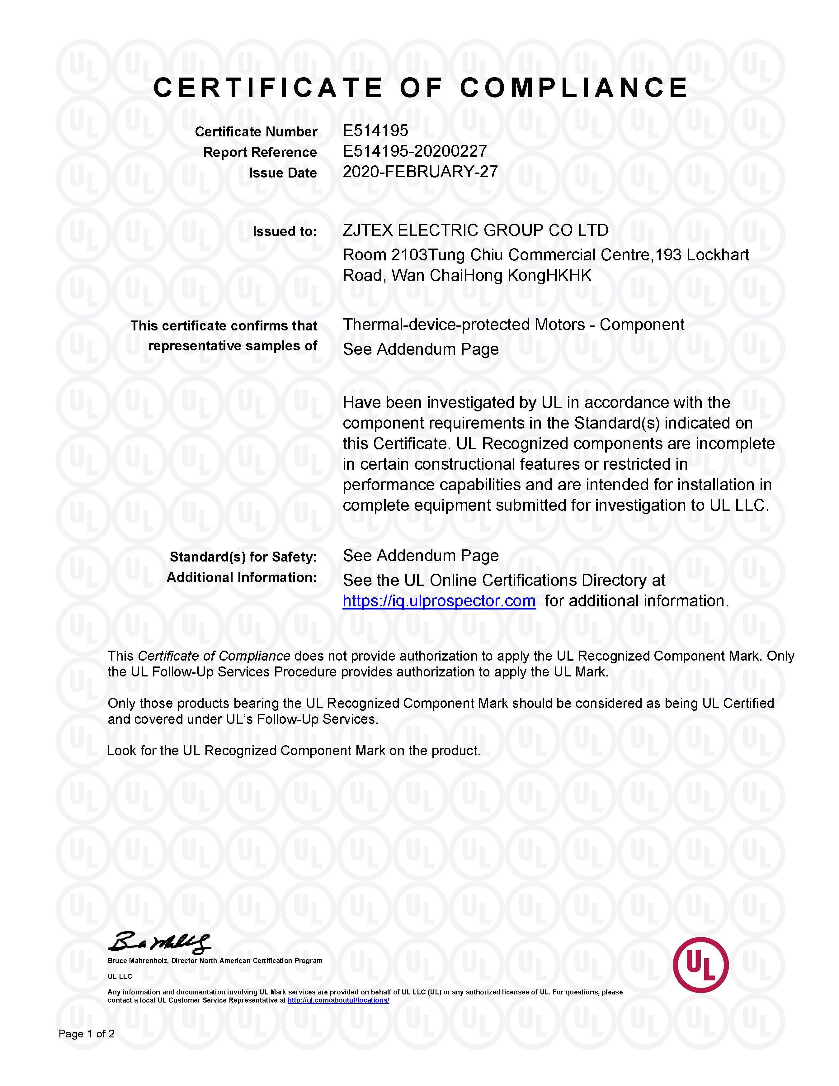ZJTEX Electric Group Co. Ltdcertification