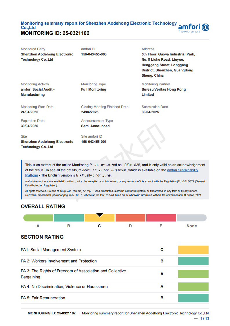 Shenzhen Aodehong Electronic Technology Co. Ltdcertification