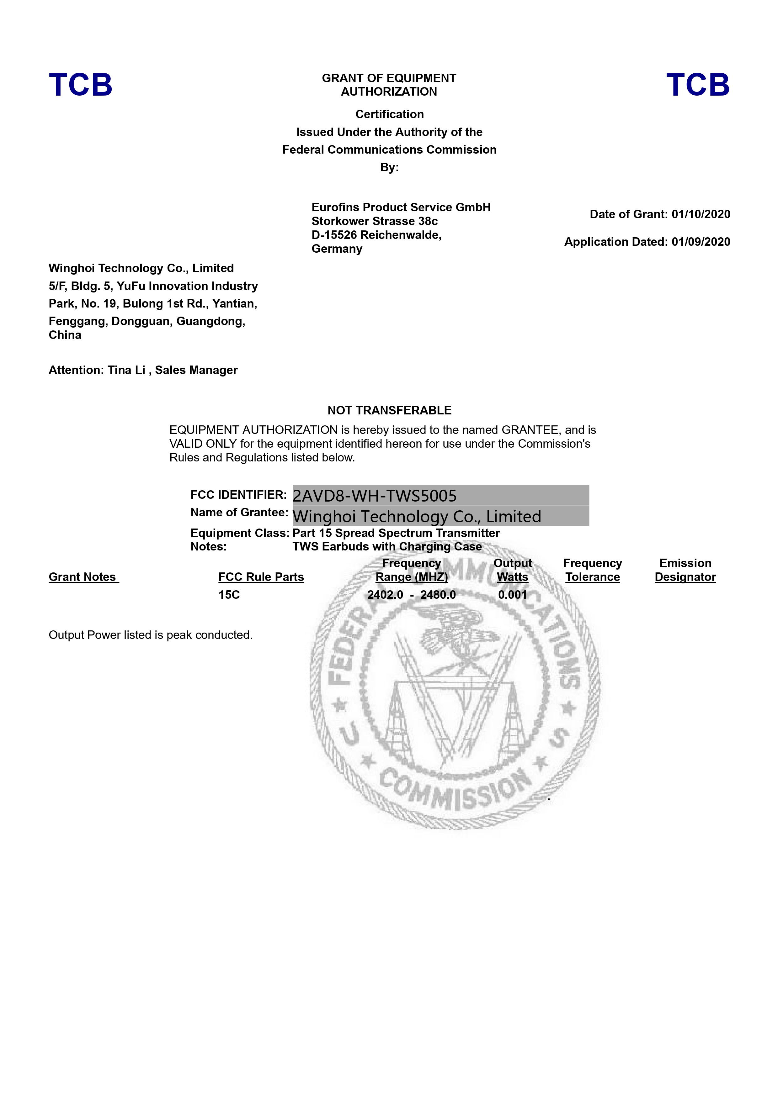 Shenzhen  Winghoi Technology Co., Ltdcertification