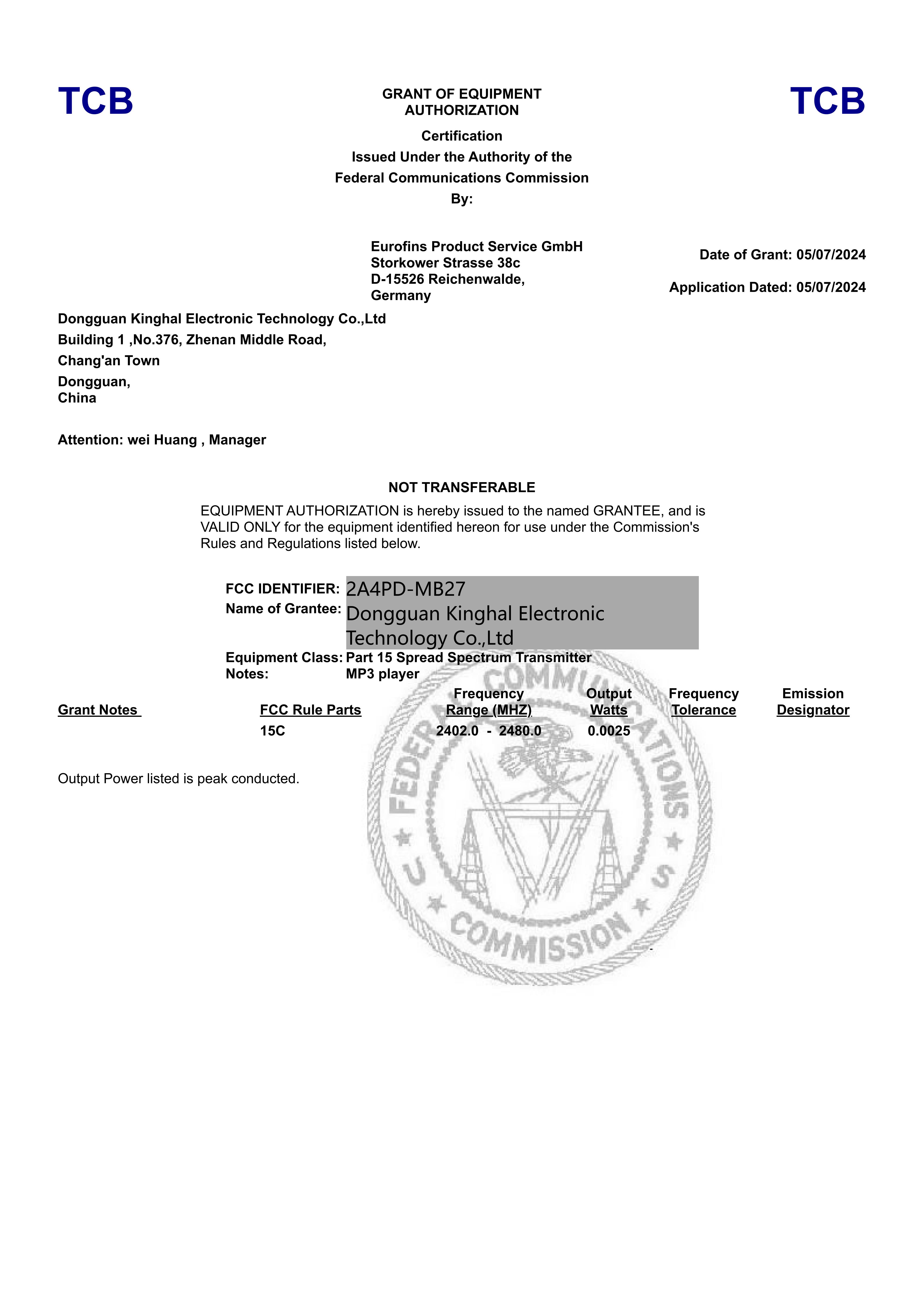 Dongguan Kinghal Electronic Technology Co.,Ltd.certification