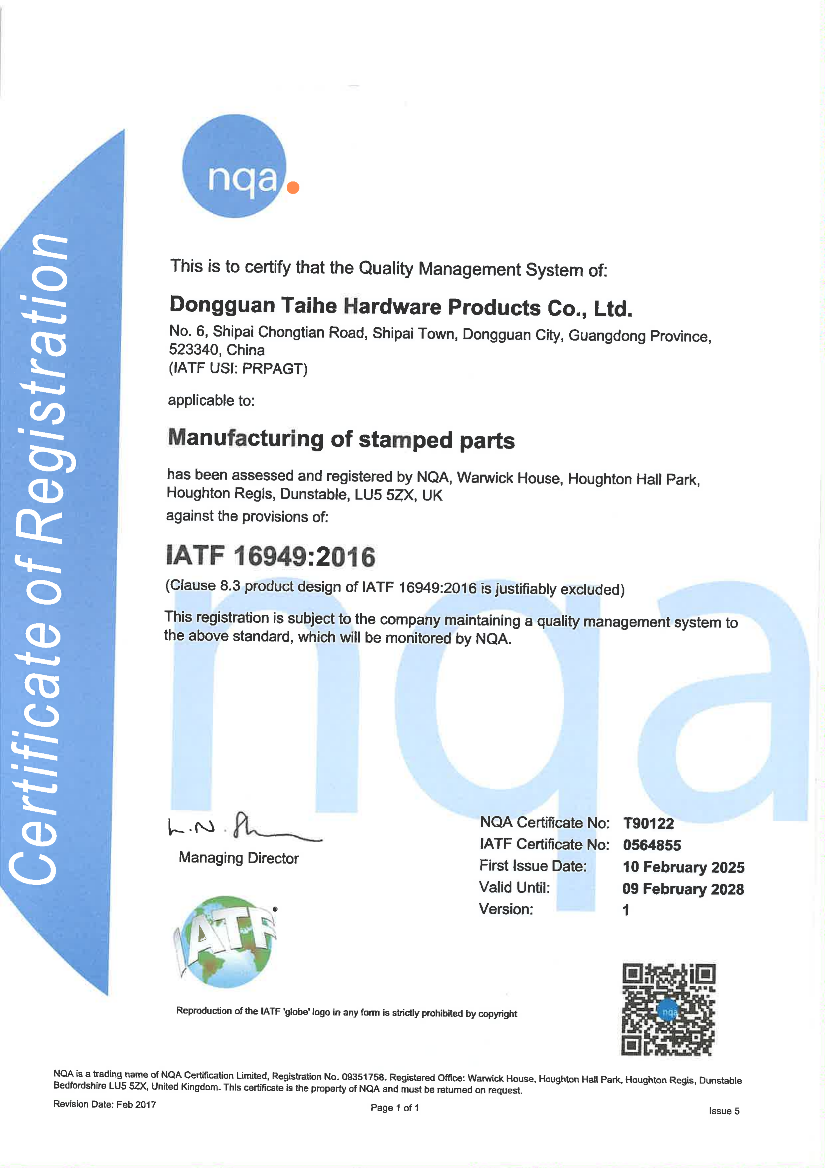 Dongguan Taihe Hardware Products Co.,Ltdcertification