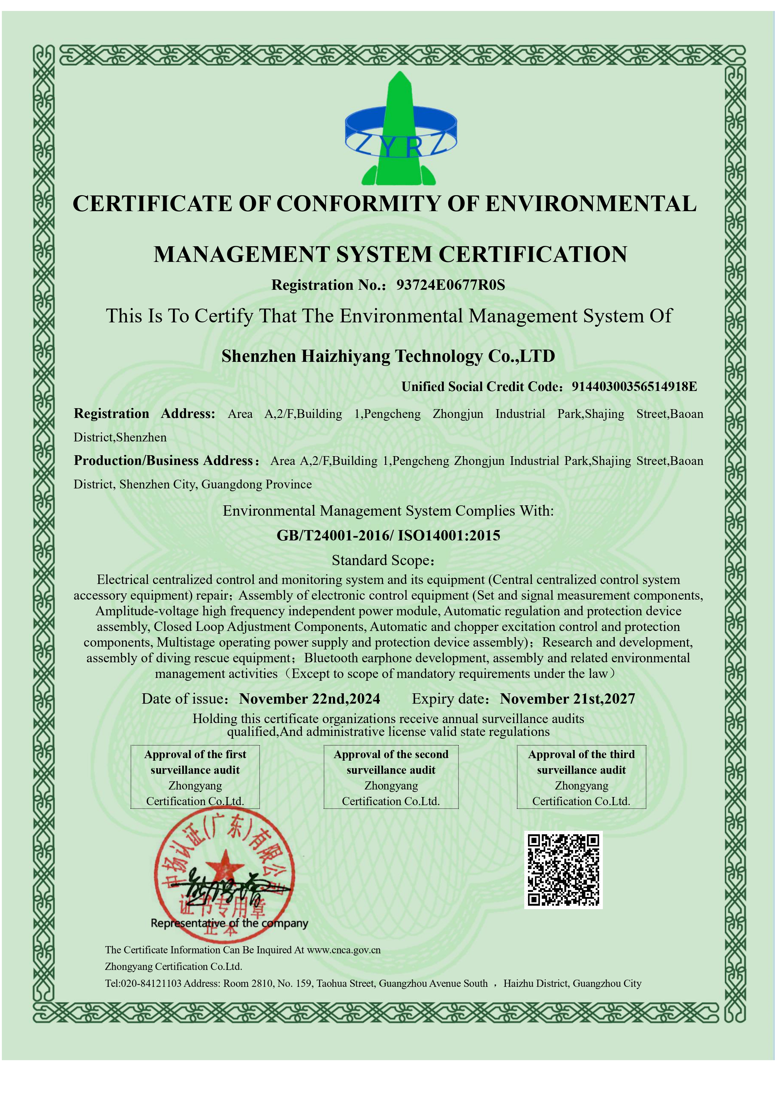 Shenzhen haizhiyang Technology Co., Limitedcertification