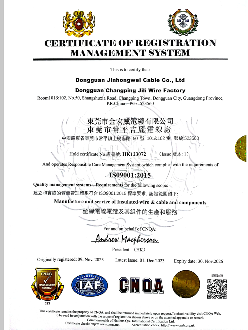Dongguan Jinhongwei Cable Co., Ltd.certification