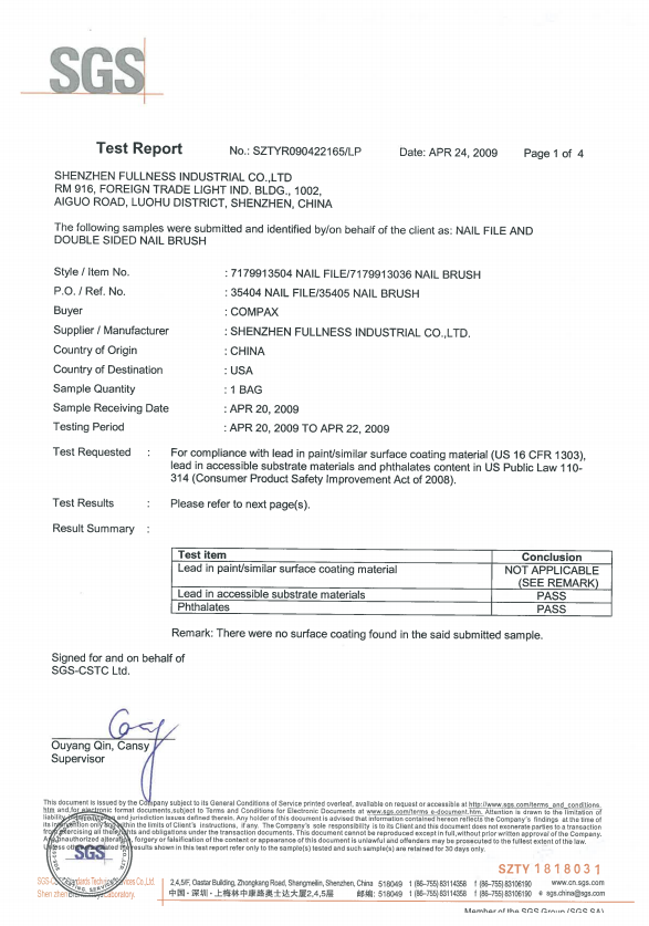 Shenzhen Fullness Industrial Co., Ltd.certification