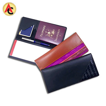 Leather travel wallets with slots for cards, checkbooks